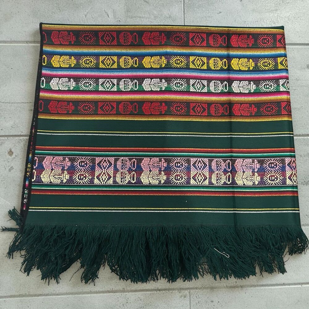 Ecuador Woven Tablecloth 62x40 Multicolor Geometric Textile Fringe Ethnic Decor